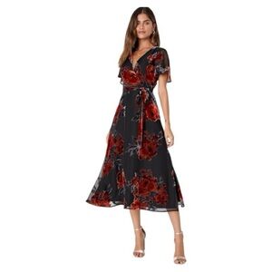 Lulus Sweetest Impression  Floral Velvet burnout Tie-Front Midi Dress size S